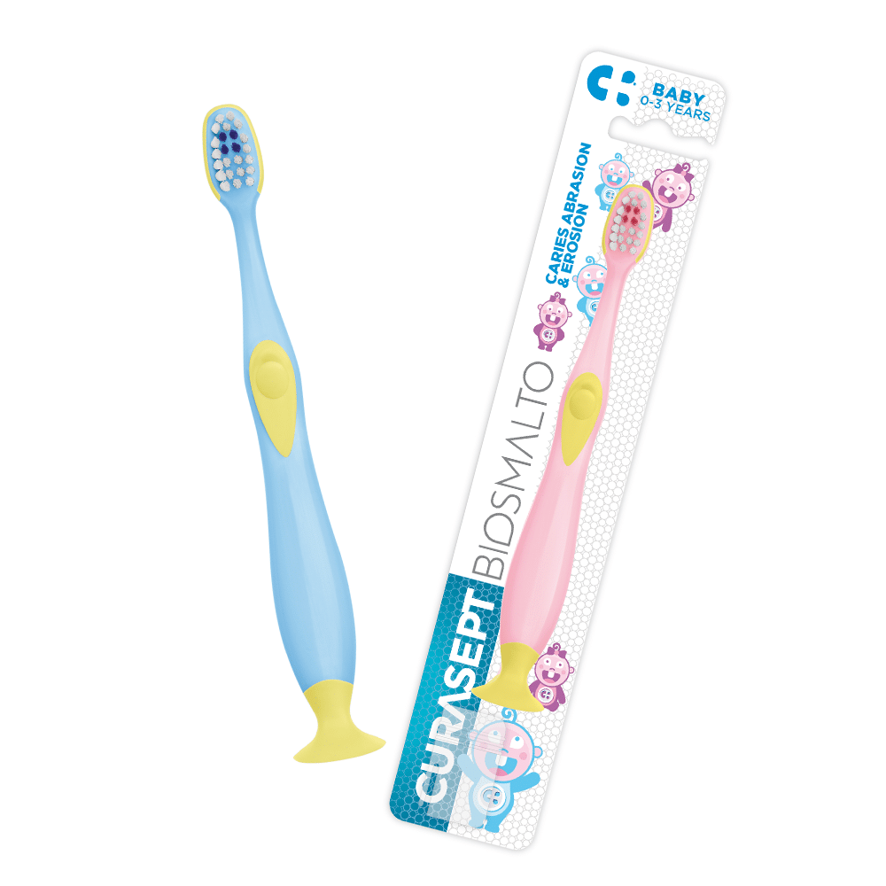CURASEPT Biosmalto Baby ŽYDRAS / ROŽINIS dantų šepetėlis 0-3 m. vaikams