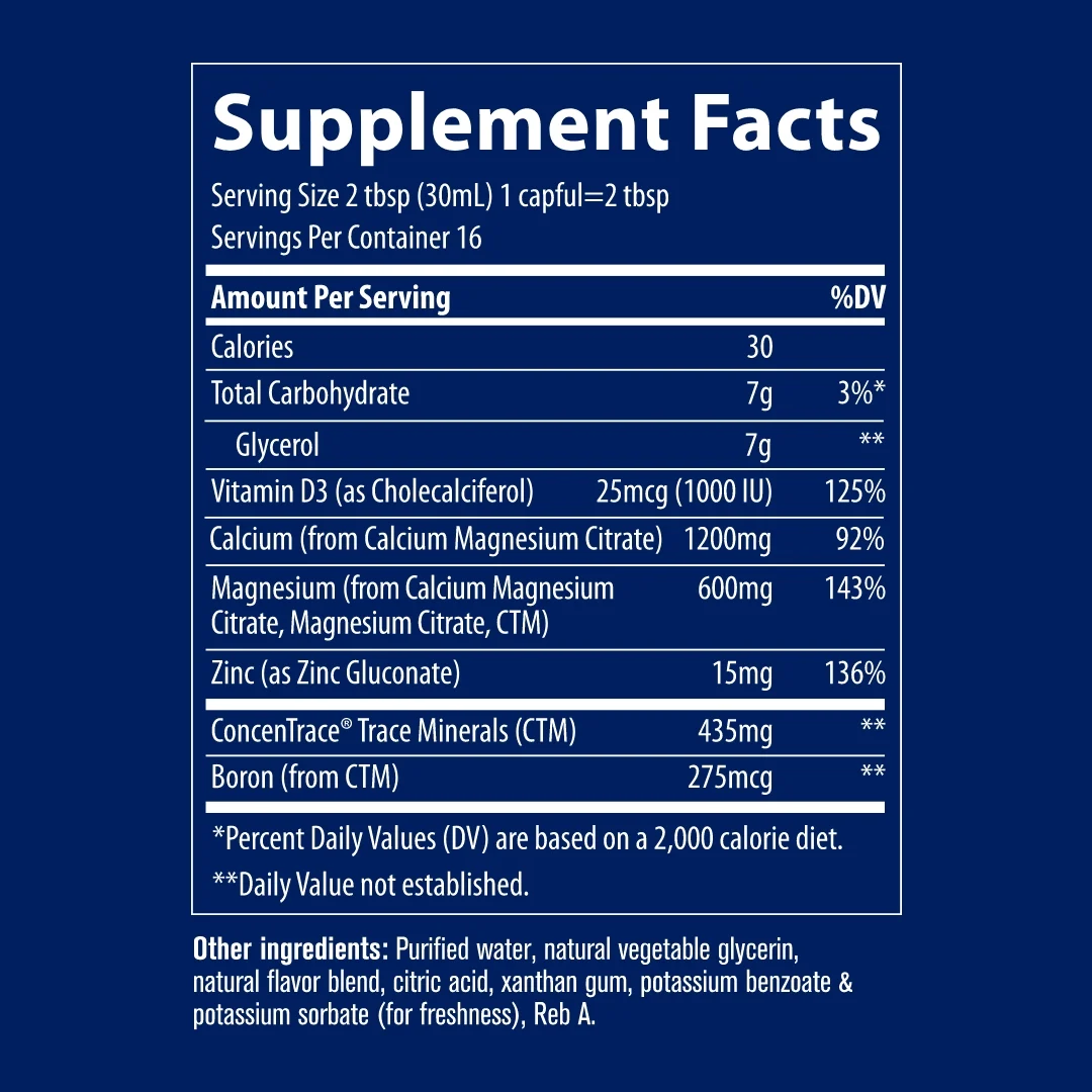 TRACE MINERALS joninių mineralų kompleksas: kalcis magnis cinkas ir vitaminas D skystoje formoje 473 ML N1