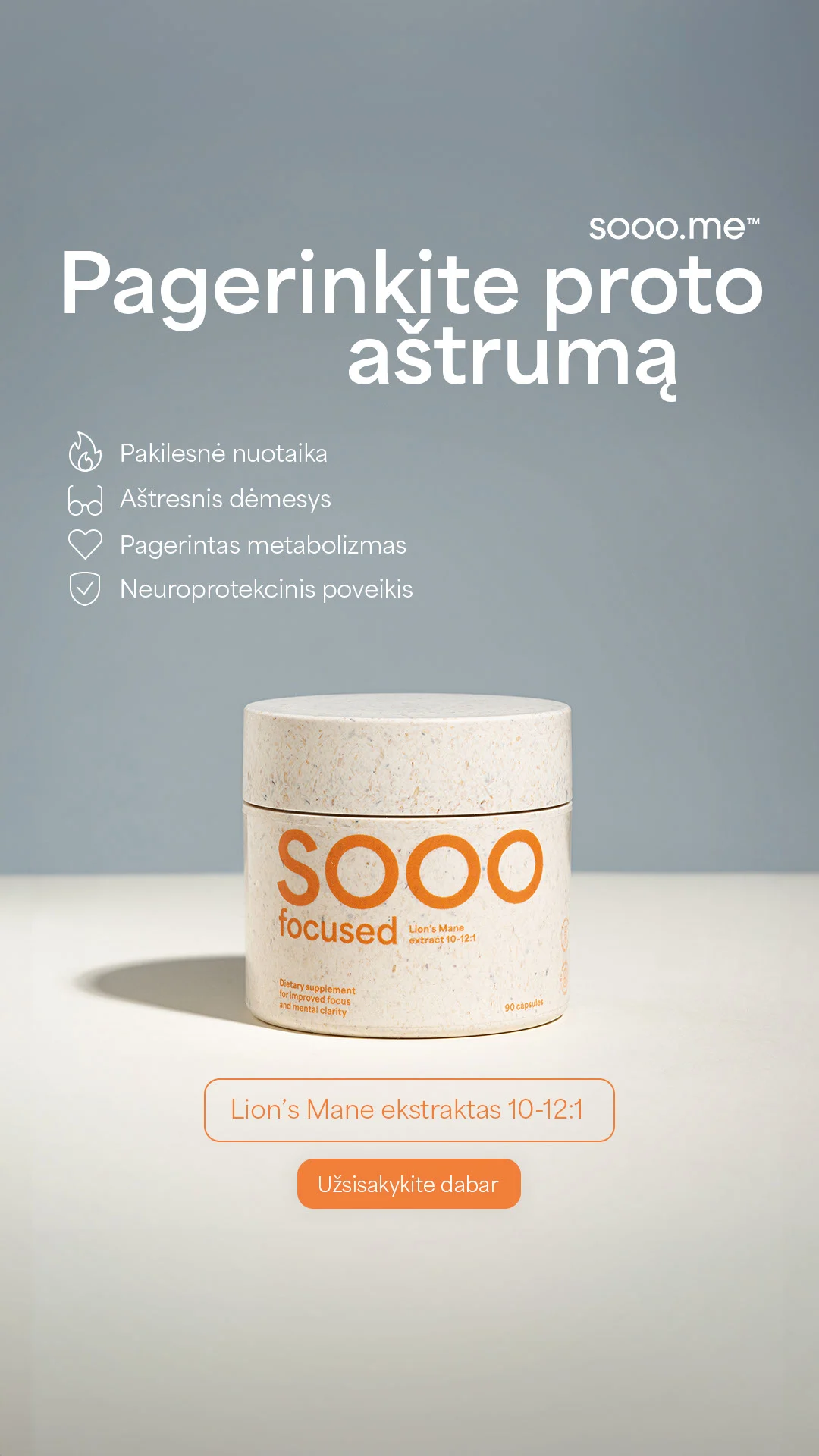 SOOO focused: Lion’s Mane ekstraktas 350 mg, N90, 10-12:1