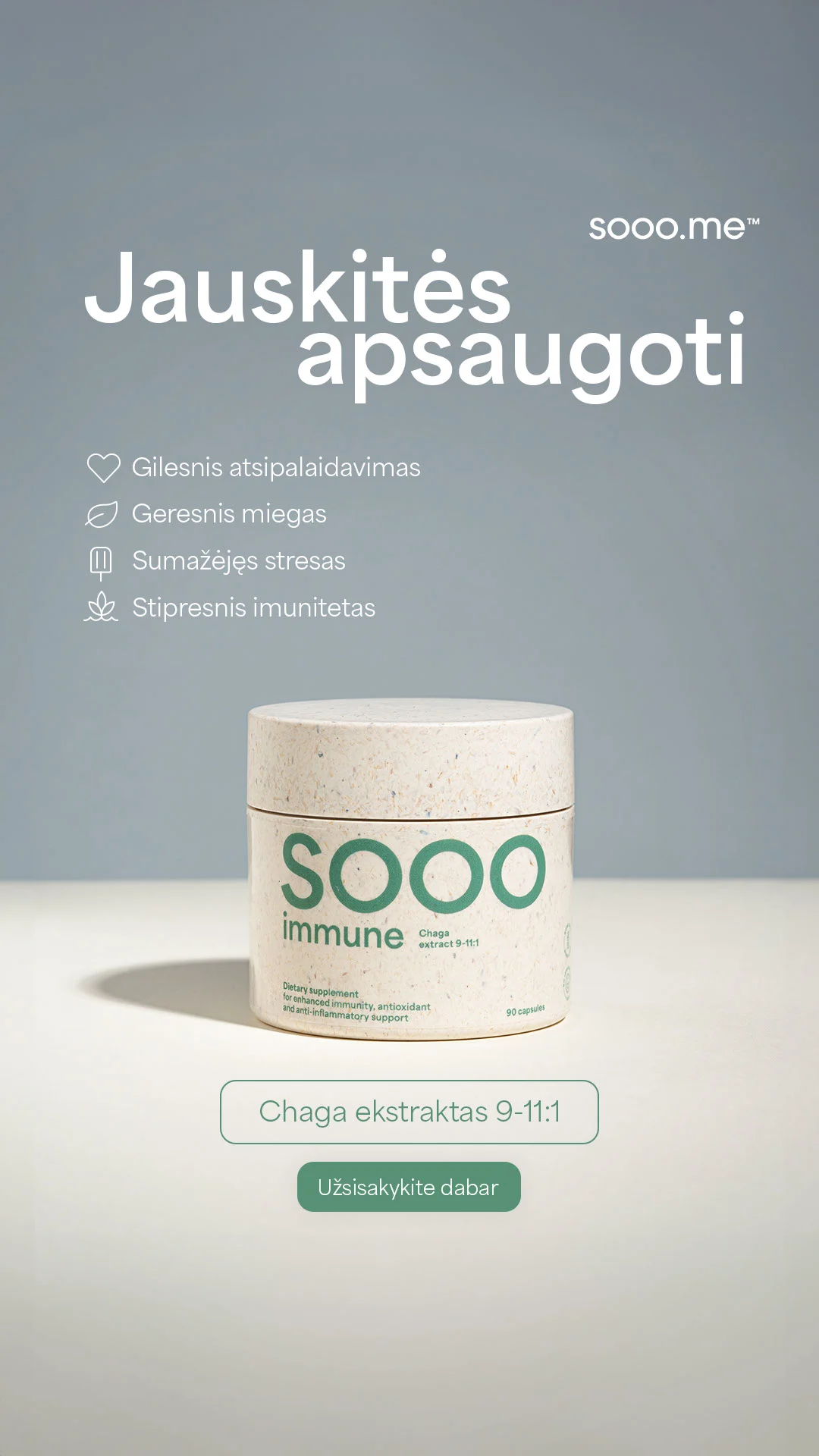 SOOO immune: Chaga ekstraktas 350 mg, N90, 9-11:1