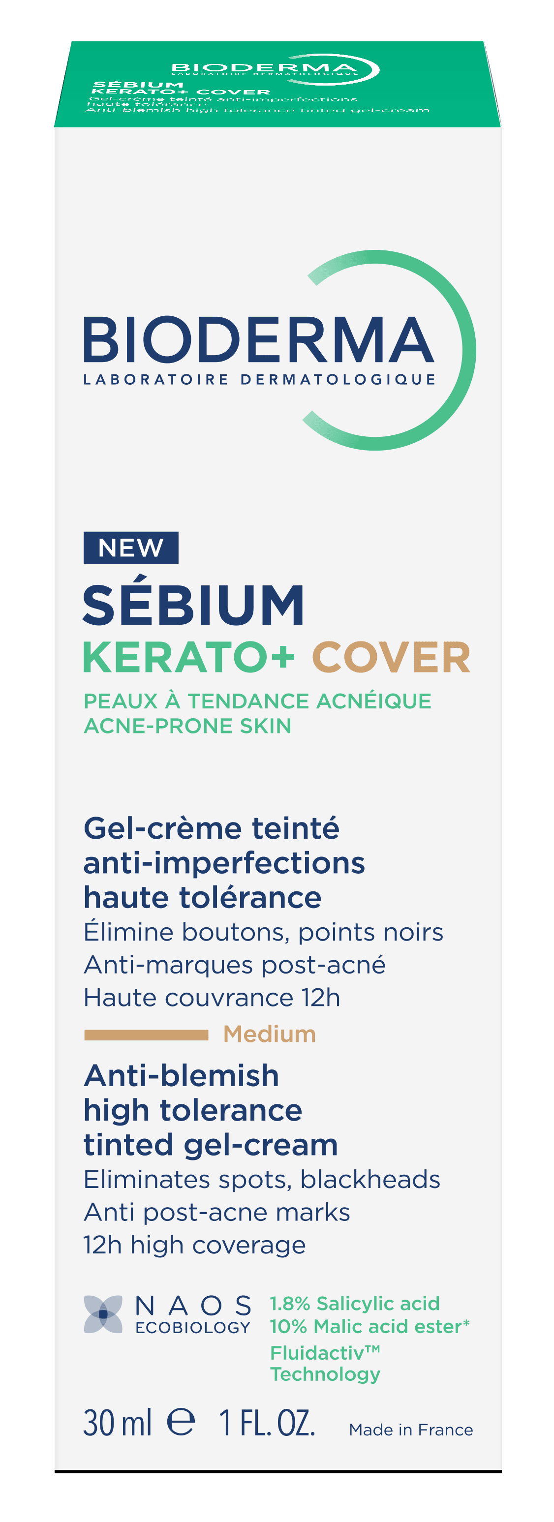 BIODERMA aukštos tolerancijos gelis-kremas su spalva mažinantis spuogus, inkštirus ir po jų likusius randelius, Sébium Kerato+ cover, 30 ml