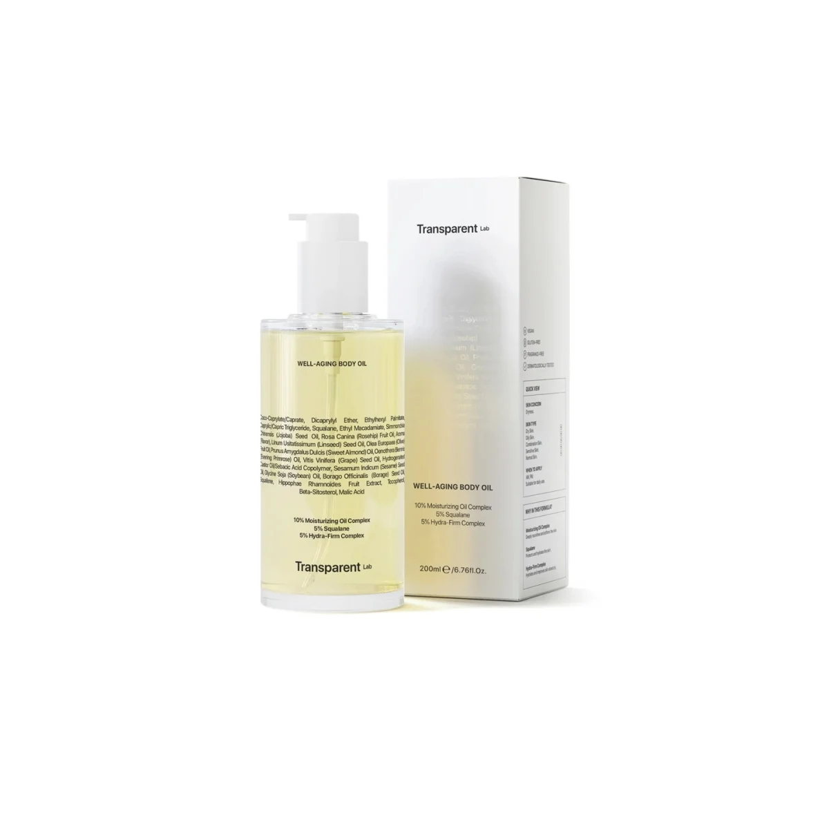 Transparent Lab Well - Aging drėkinamasis ir stangrinamasis kūno aliejus, 200 ml