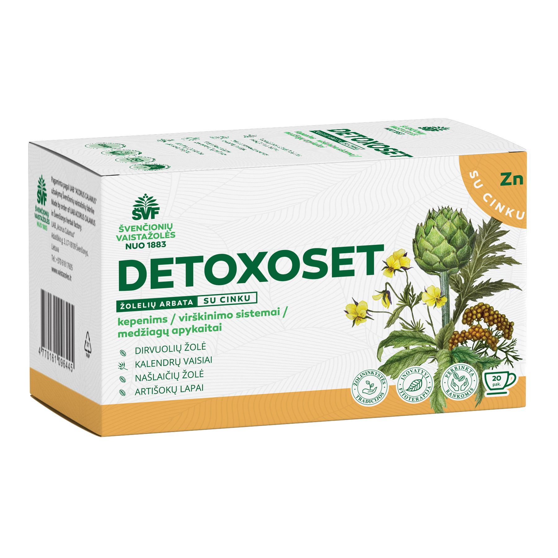 ŠVENČIONIŲ VAISTAŽOLĖS virškinimui, kepenims, medžiagų apykaitai DETOXOSET, žolelių arbata, 2 g x 20 vnt.