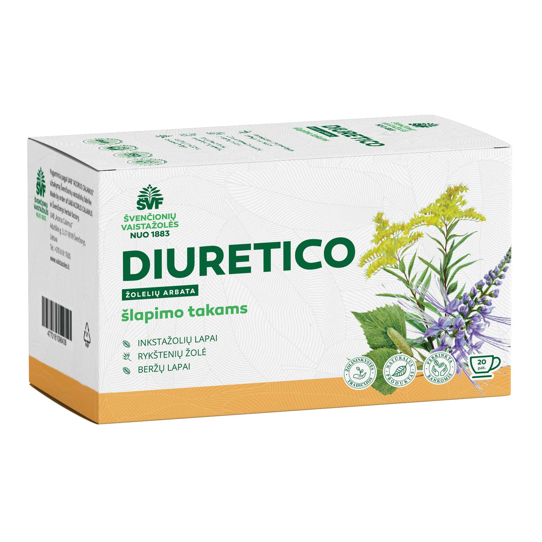 ŠVENČIONIŲ VAISTAŽOLĖS šlapimo takams DIURETICO, žolelių arbata, 1,5 g x 20 vnt.