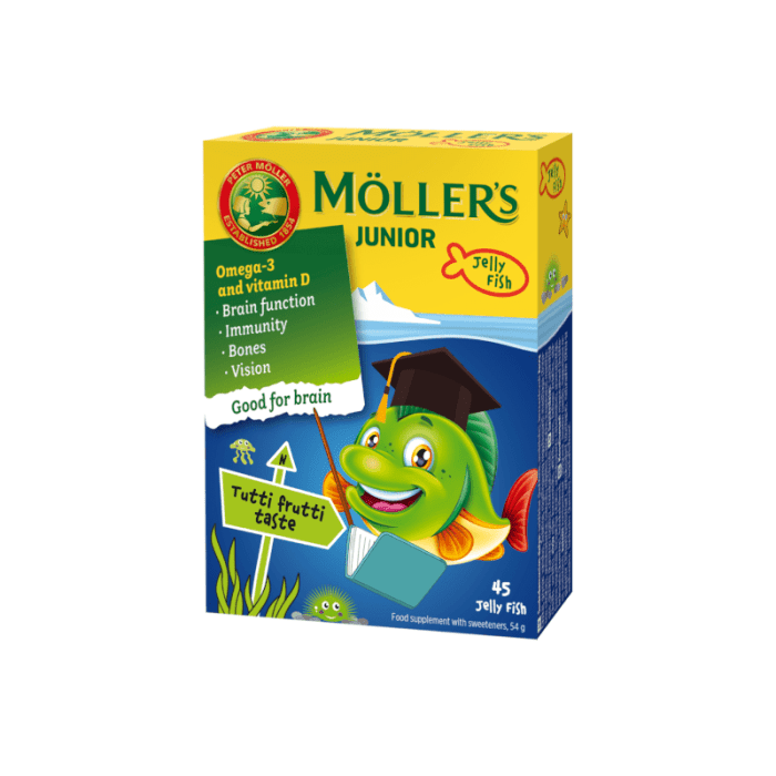 MOLLER OMEGA-3 Junior vaisių skonio kramtomos žuvelės, N45