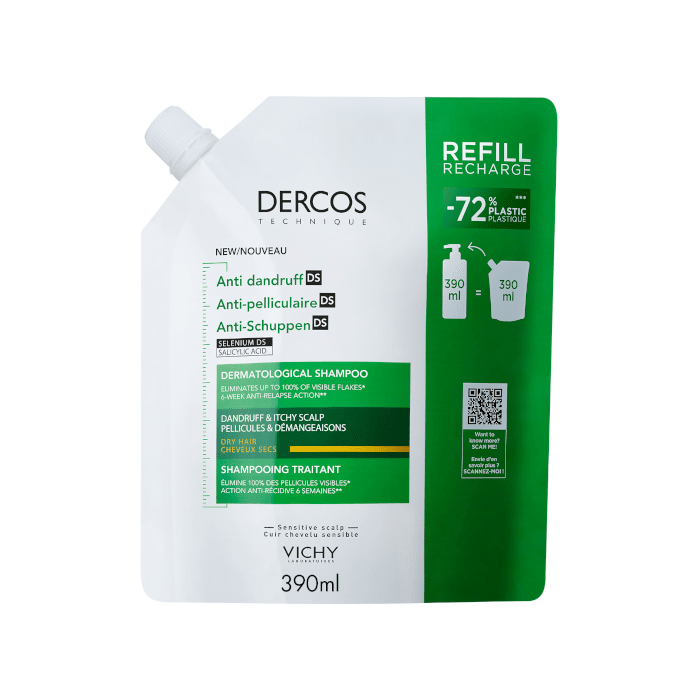 VICHY šampūnas nuo pleiskanų sausai galvos odai DERCOS, 390 ml