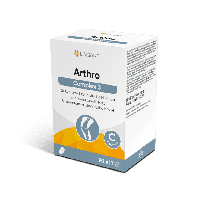 LIVSANE tabletės su vitaminu C, gliukozaminu, chondroitinu ir MSM ARTHRO COMPLEX 3, N90