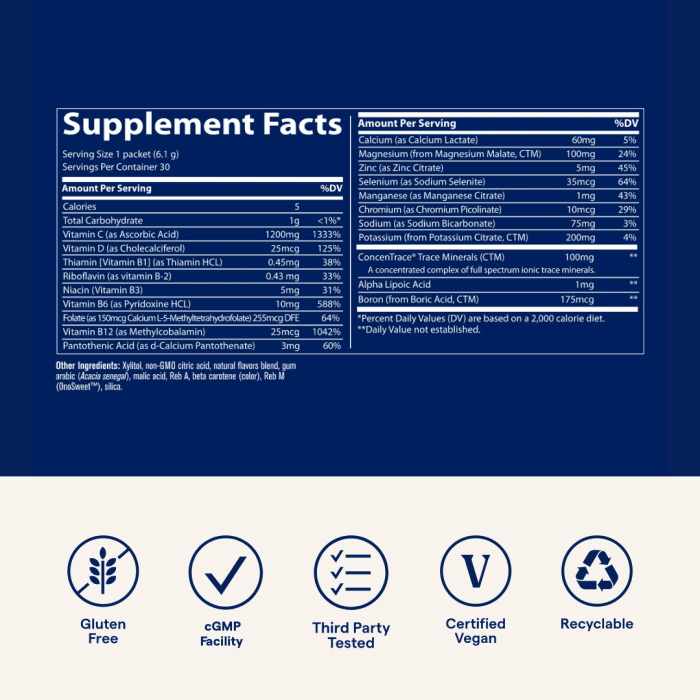 TRACE MINERALS POWER PACK Imunitetui ir energijai elektrolitai su vitaminu C  N30