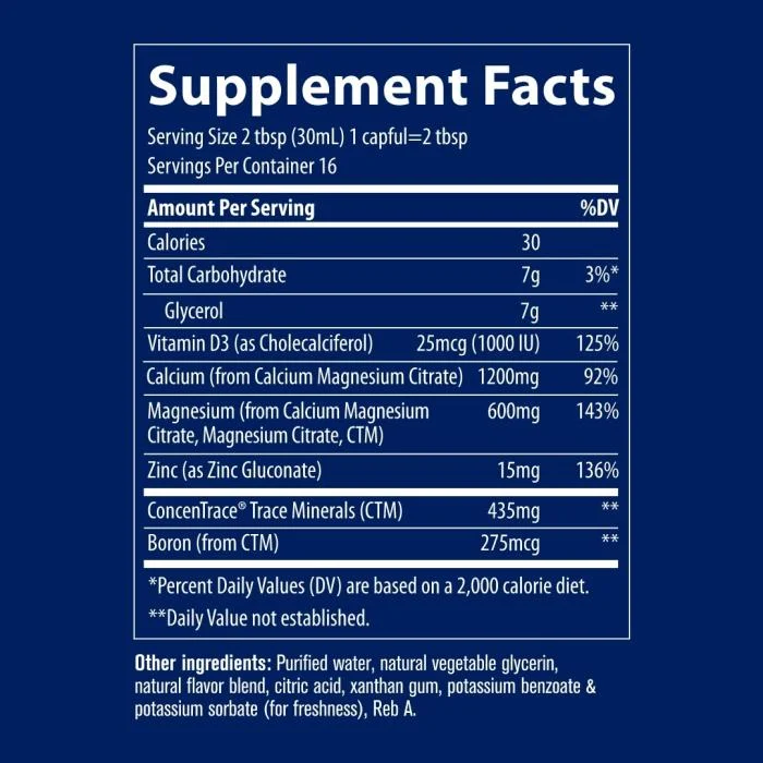 TRACE MINERALS joninių mineralų kompleksas: kalcis magnis cinkas ir vitaminas D skystoje formoje 473 ML N1