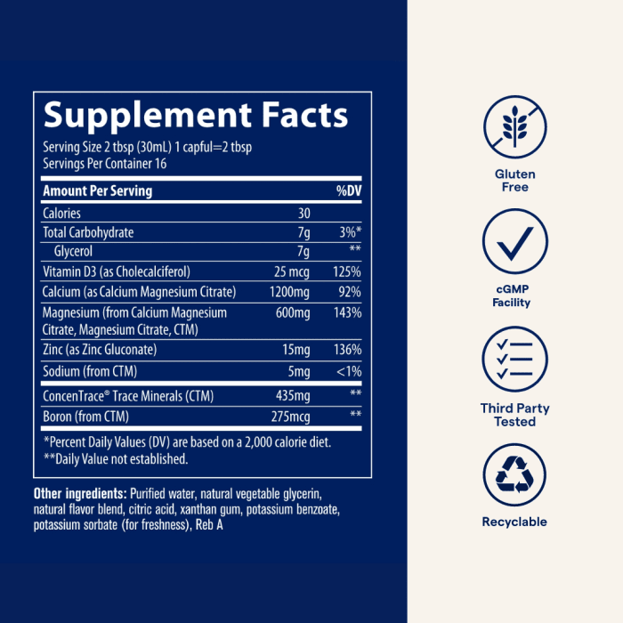TRACE MINERALS joninių mineralų kompleksas: kalcis magnis cinkas ir vitaminas D skystoje formoje 473 ML N1