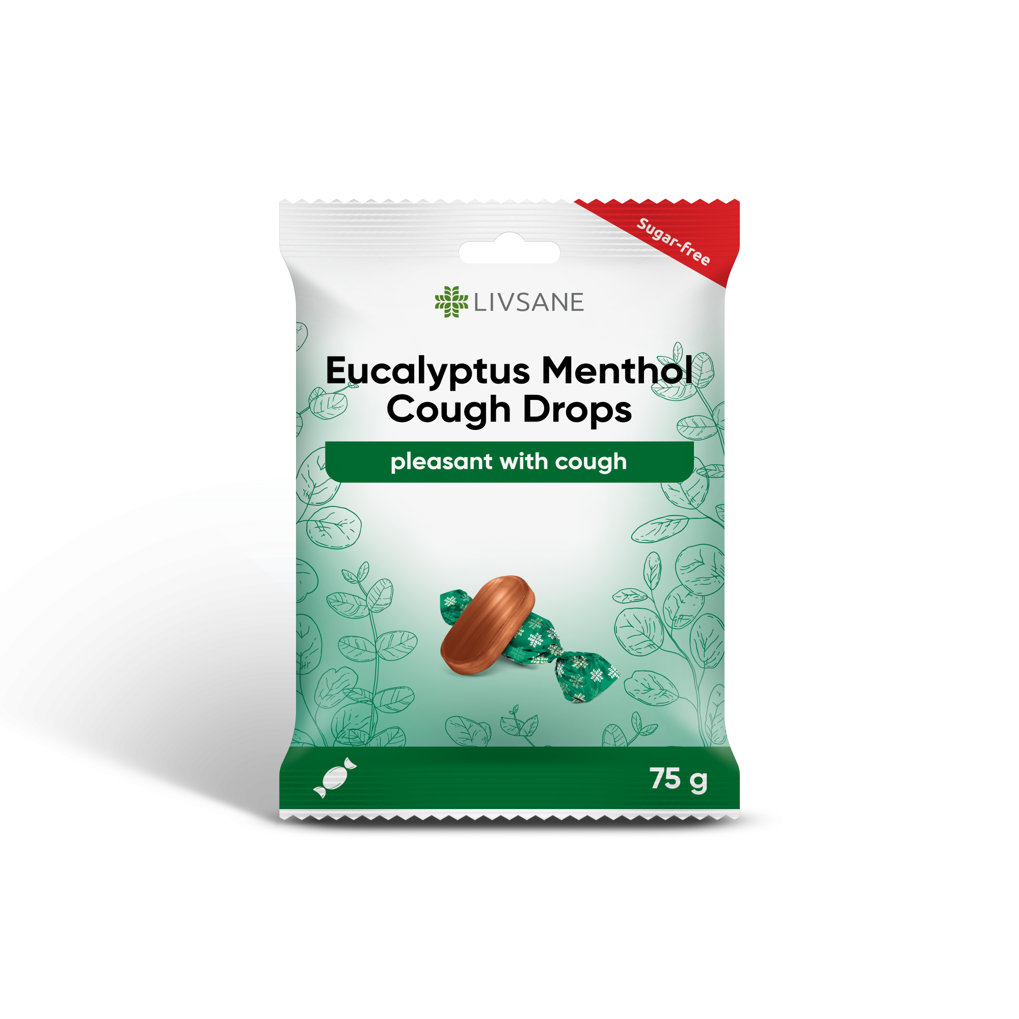 LIVSANE eukalipto ir mentolio skonio ledinukai, be cukraus 75 g