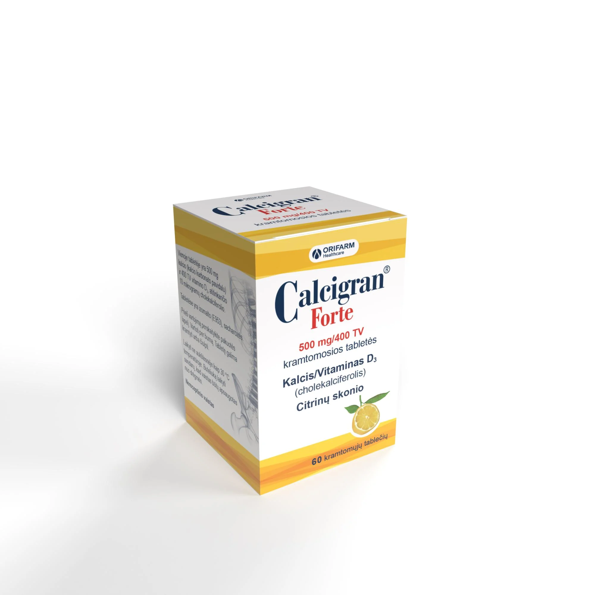 Calcigran Forte 500 mg/400 TV kramtomosios citrinų skonio tabletės N60