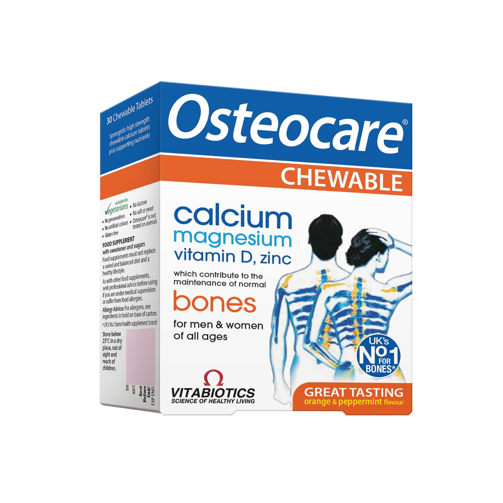 OSTEOCARE kramtomosios tabletės apelsinų ir pipirmėčių skonio N30