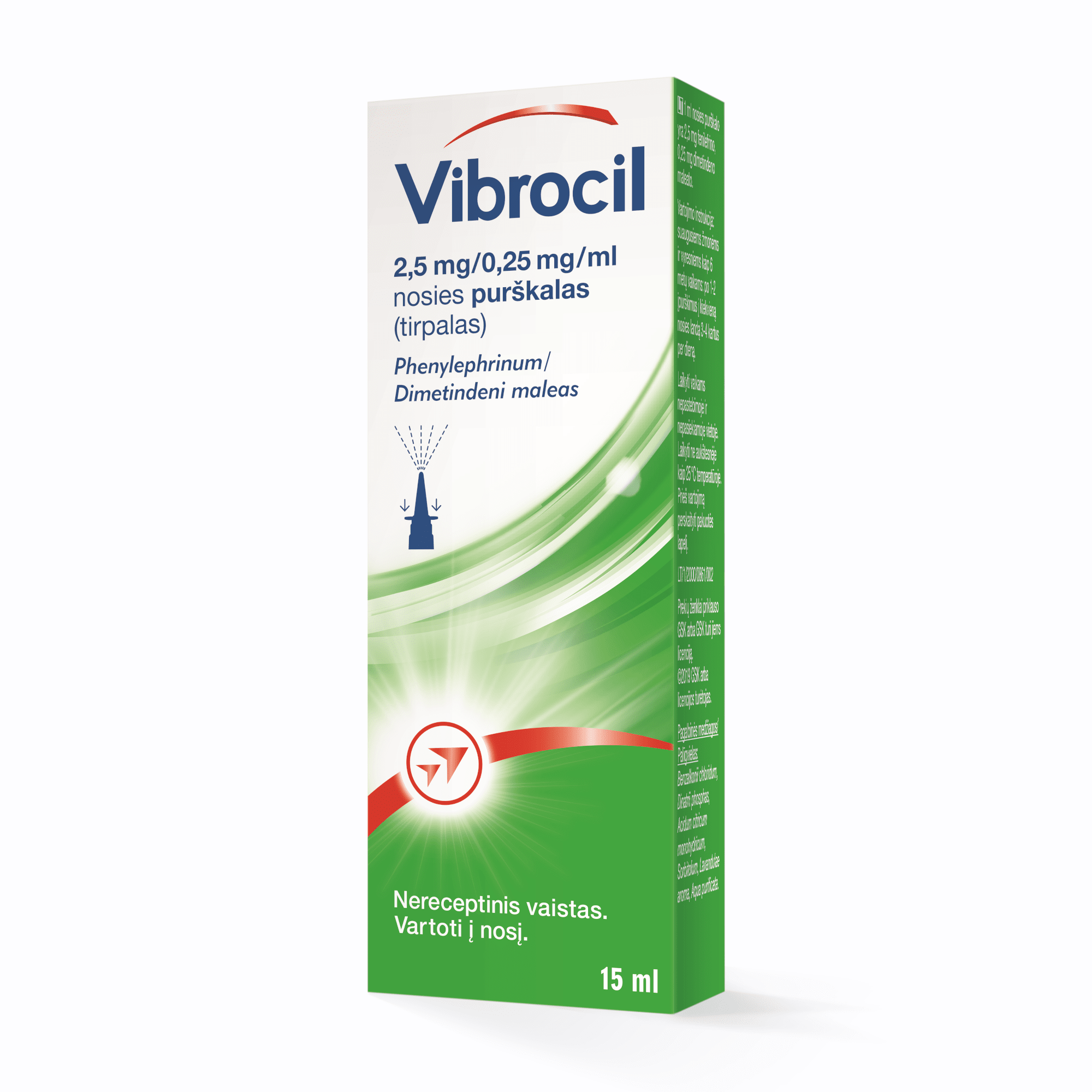 Vibrocil 2,5 mg/0,25 mg/ml nosies purškalas (tirpalas) 15 ml
