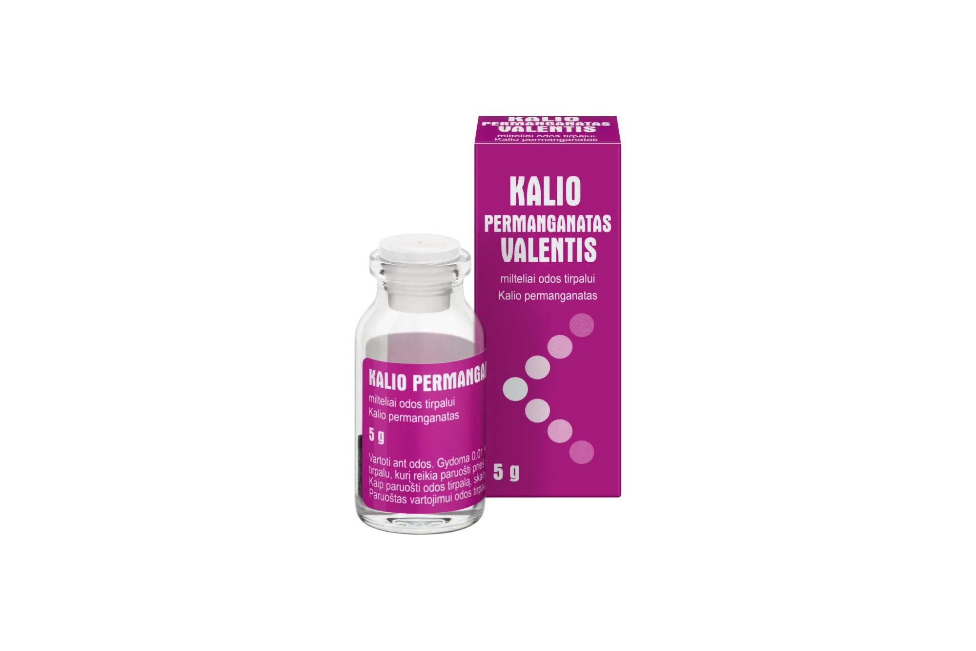 Kalio permanganatas VALENTIS milteliai odos tirpalui 5 g