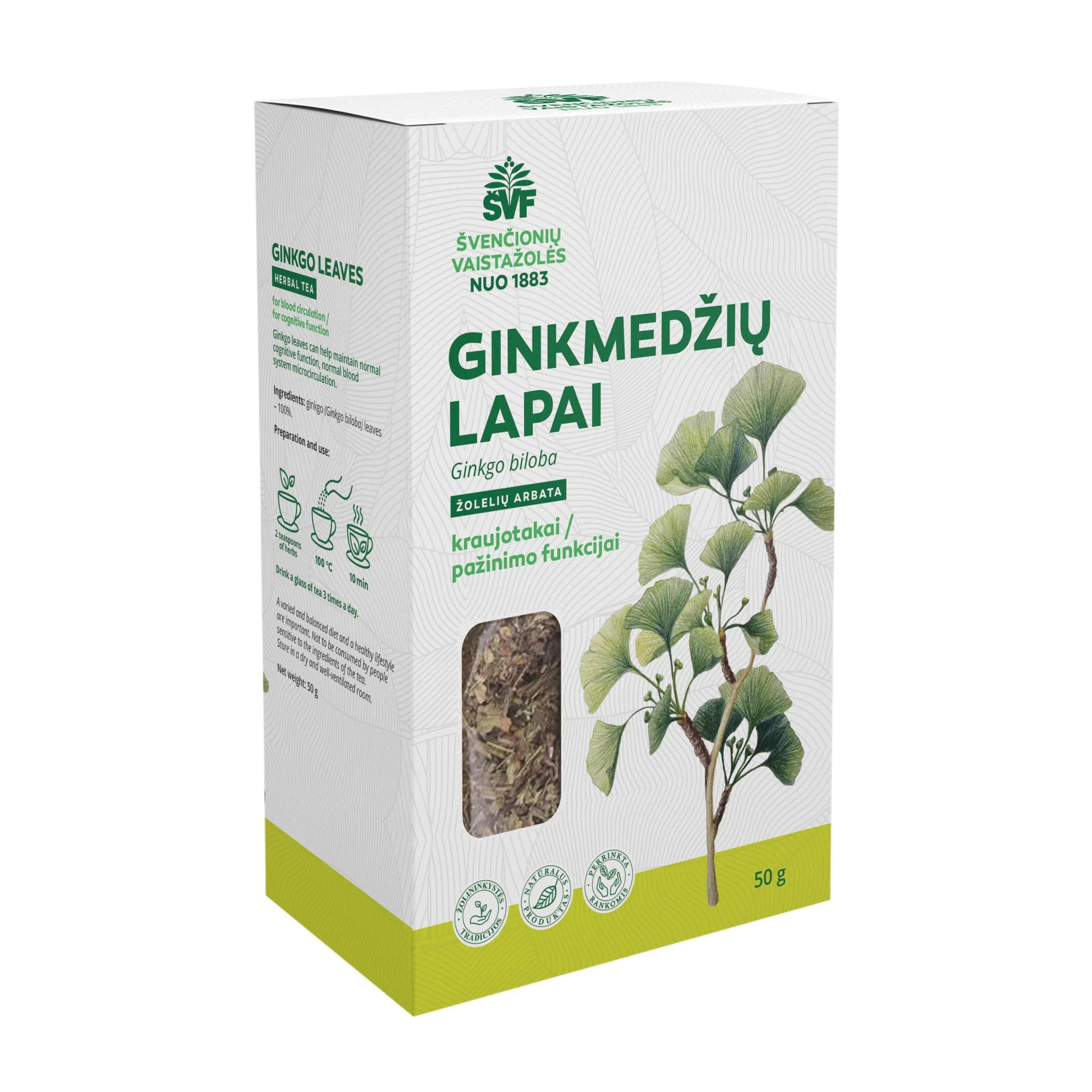 ŠVENČIONIŲ VAISTAŽOLĖS GINKMEDŽIŲ LAPAI, žolelių arbata, 50 g