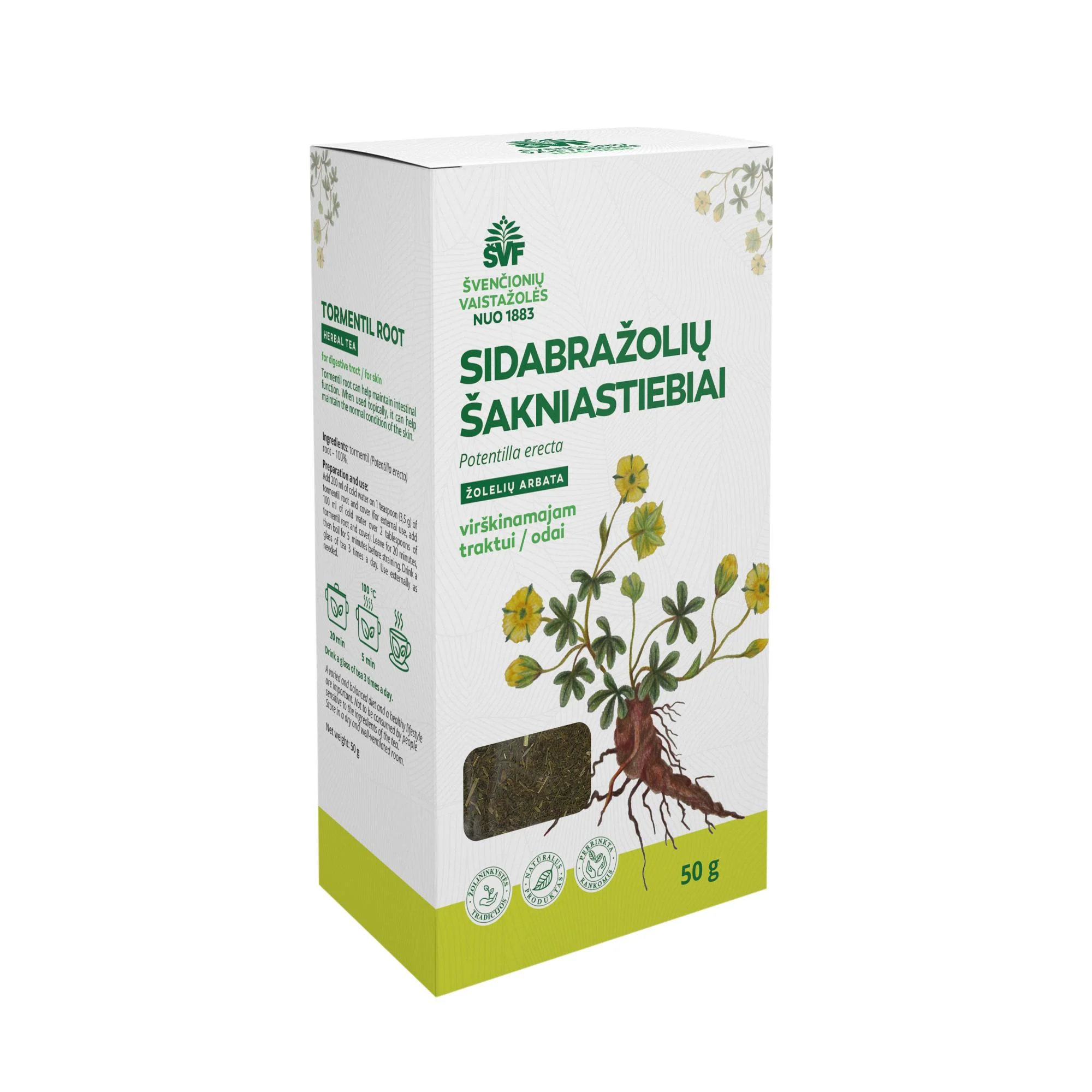 ŠVENČIONIŲ VAISTAŽOLĖS SIDABRAŽOLIŲ ŠAKNIASTIEBIAI, žolelių arbata, 50 g