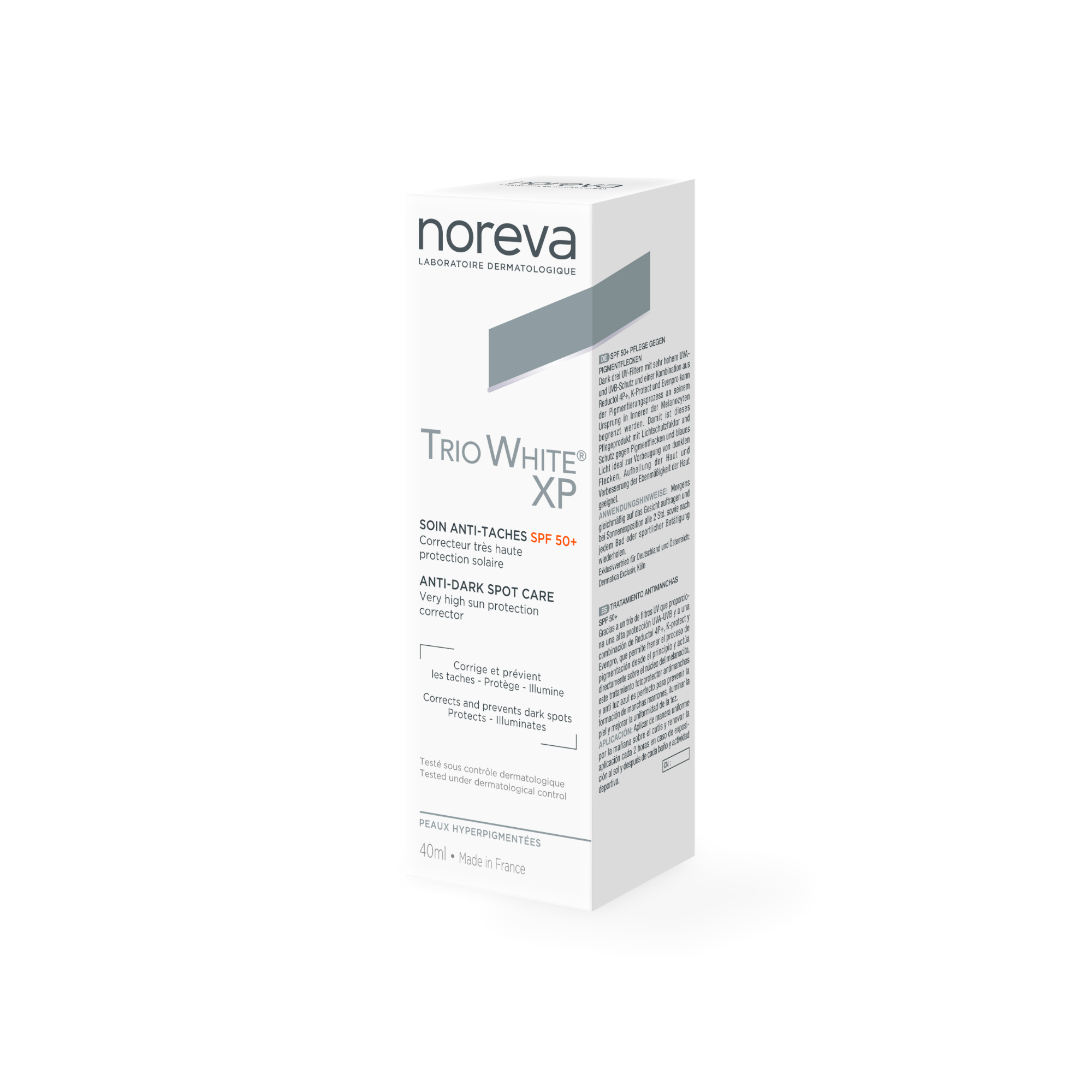NOREVA pigmentines dėmes šalinantis apsauginis kremas nuo saulės TRIO WHITE XP, SPF 50+, 40 ml