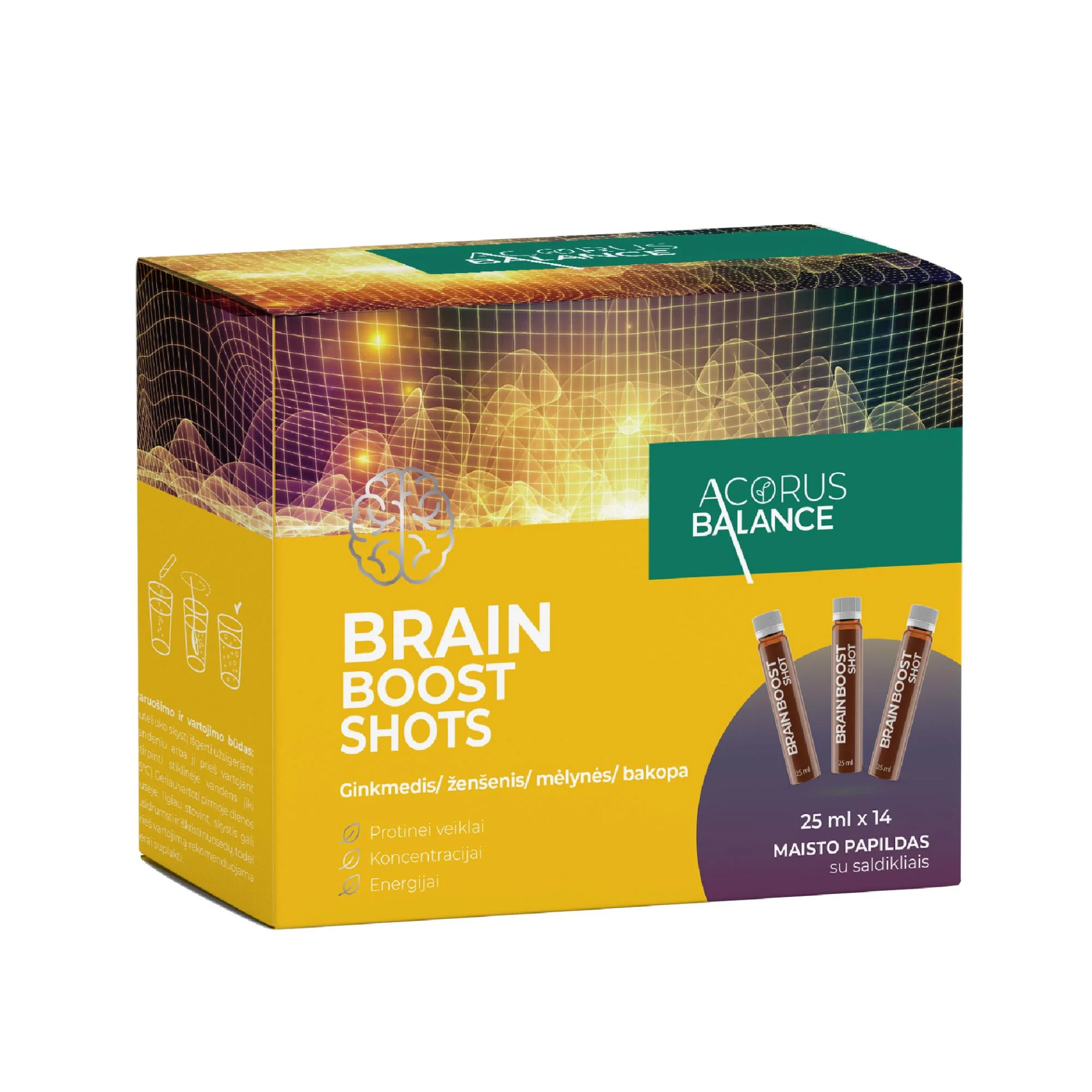 ACORUS BALANCE maisto papildas protinei veiklai BRAIN BOOST SHOTS, 14 vnt. x 25 ml