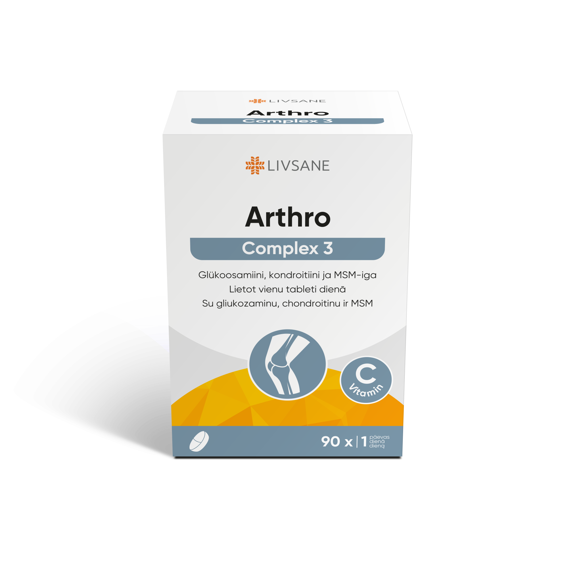 LIVSANE tabletės su vitaminu C, gliukozaminu, chondroitinu ir MSM ARTHRO COMPLEX 3, N90
