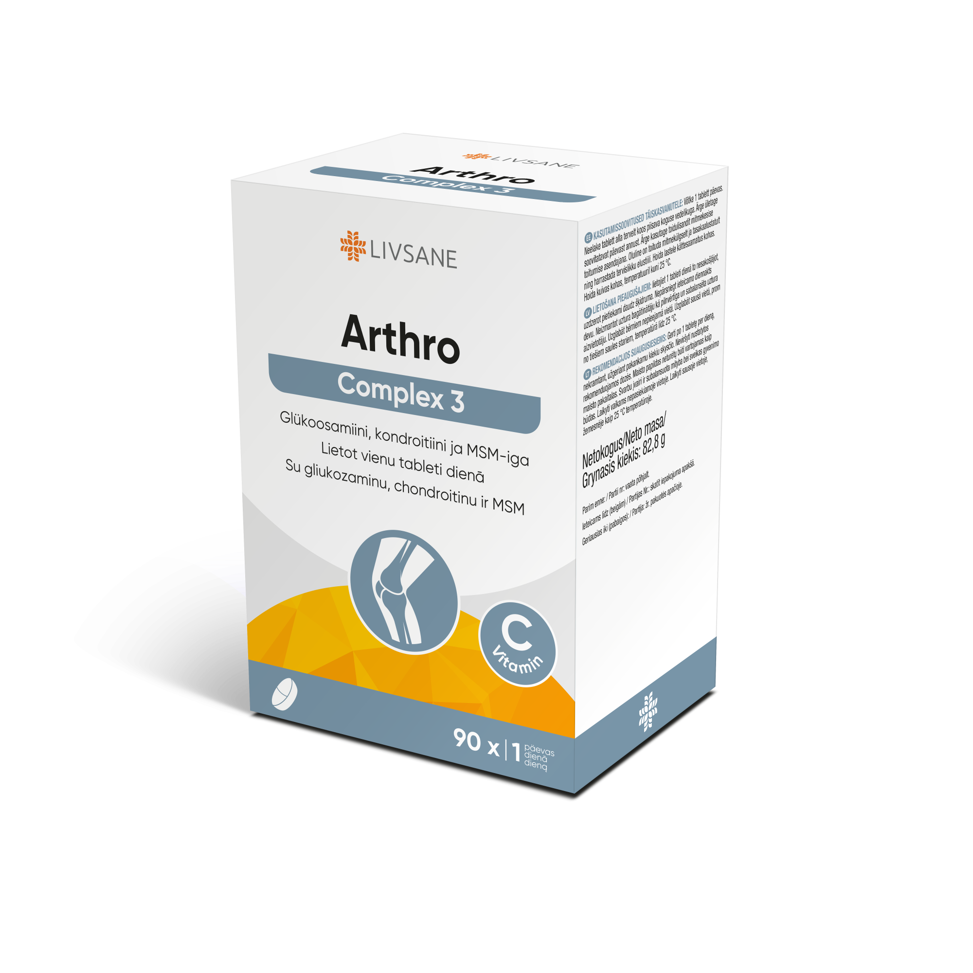 LIVSANE tabletės su vitaminu C, gliukozaminu, chondroitinu ir MSM ARTHRO COMPLEX 3, N90