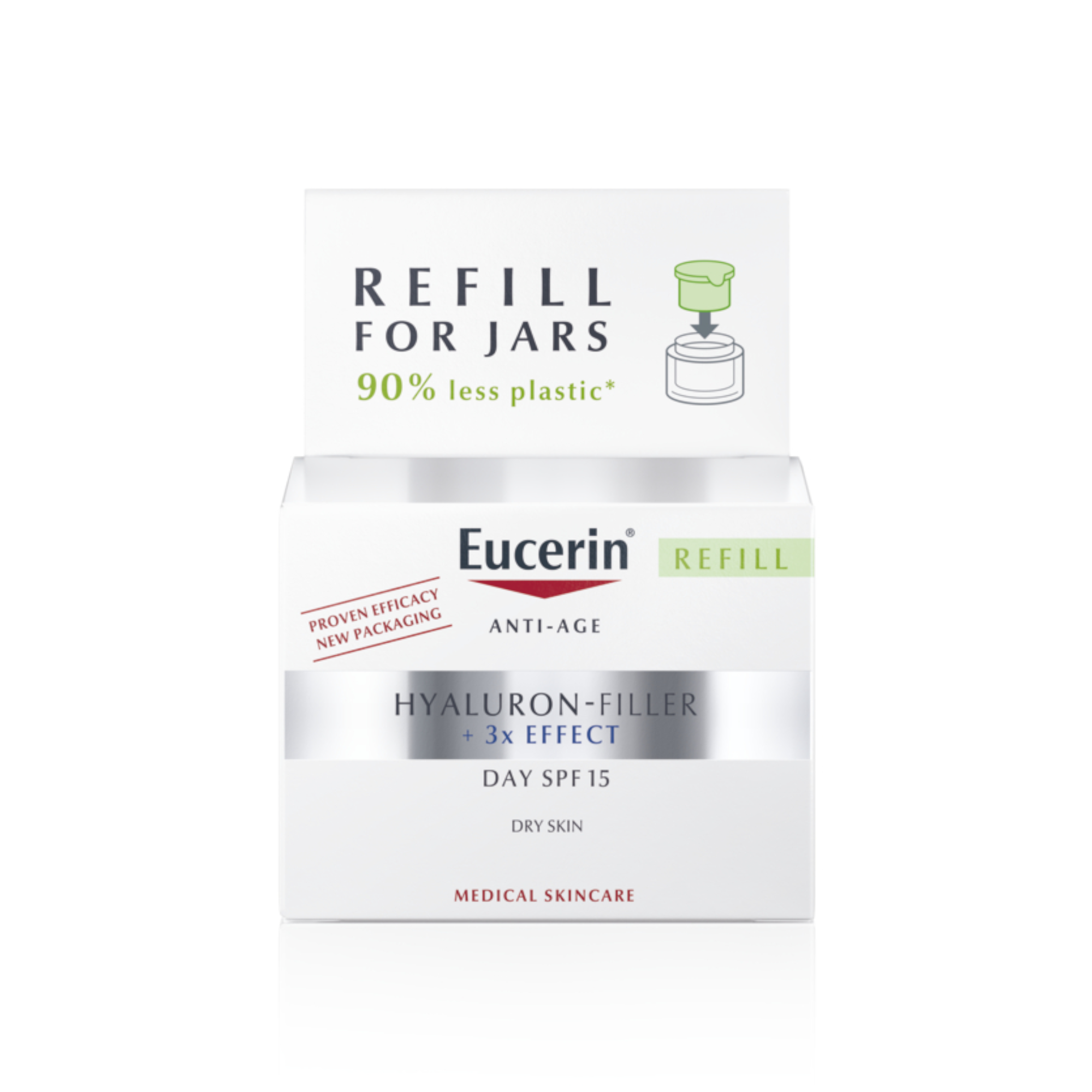 EUCERIN Hyaluron-Filler +3x Effect dieninis kremas SPF 15 sausai odai su hialurono rūgštimi, papildymo pakuotė, 50 ml