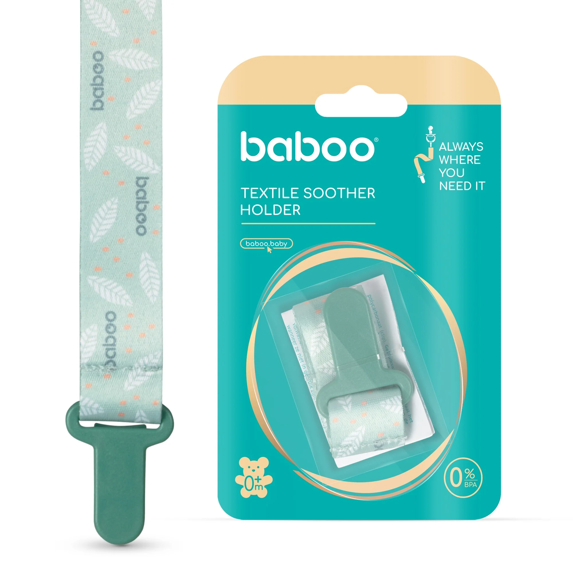 BABOO tekstilinis čiulptuko laikiklis, Peachy Keen, 0+ mėn