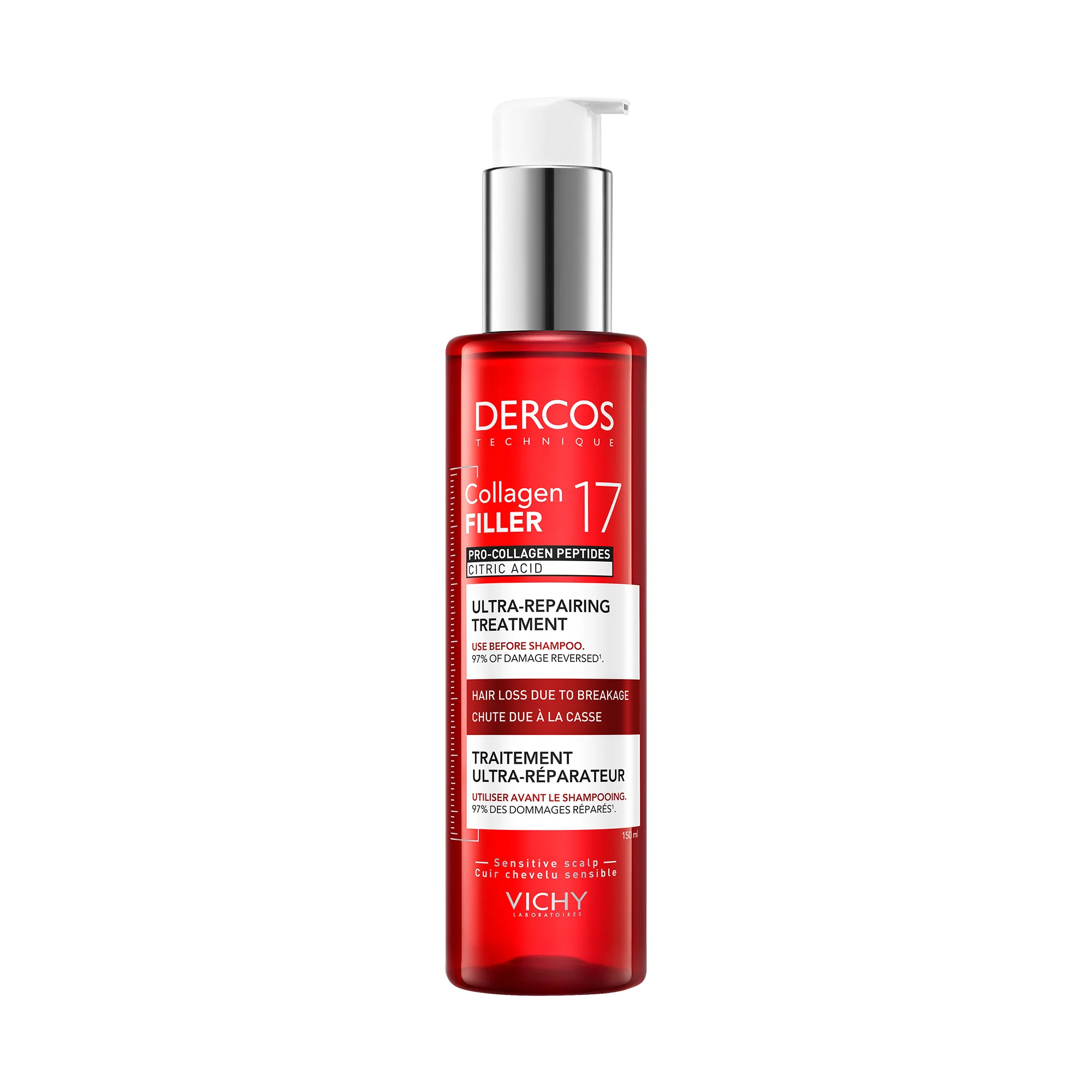 VICHY DERCOS COLLAGEN 17 FILLER, intensyvaus povoveikio koncentratas prieš šampūną, 150 ml