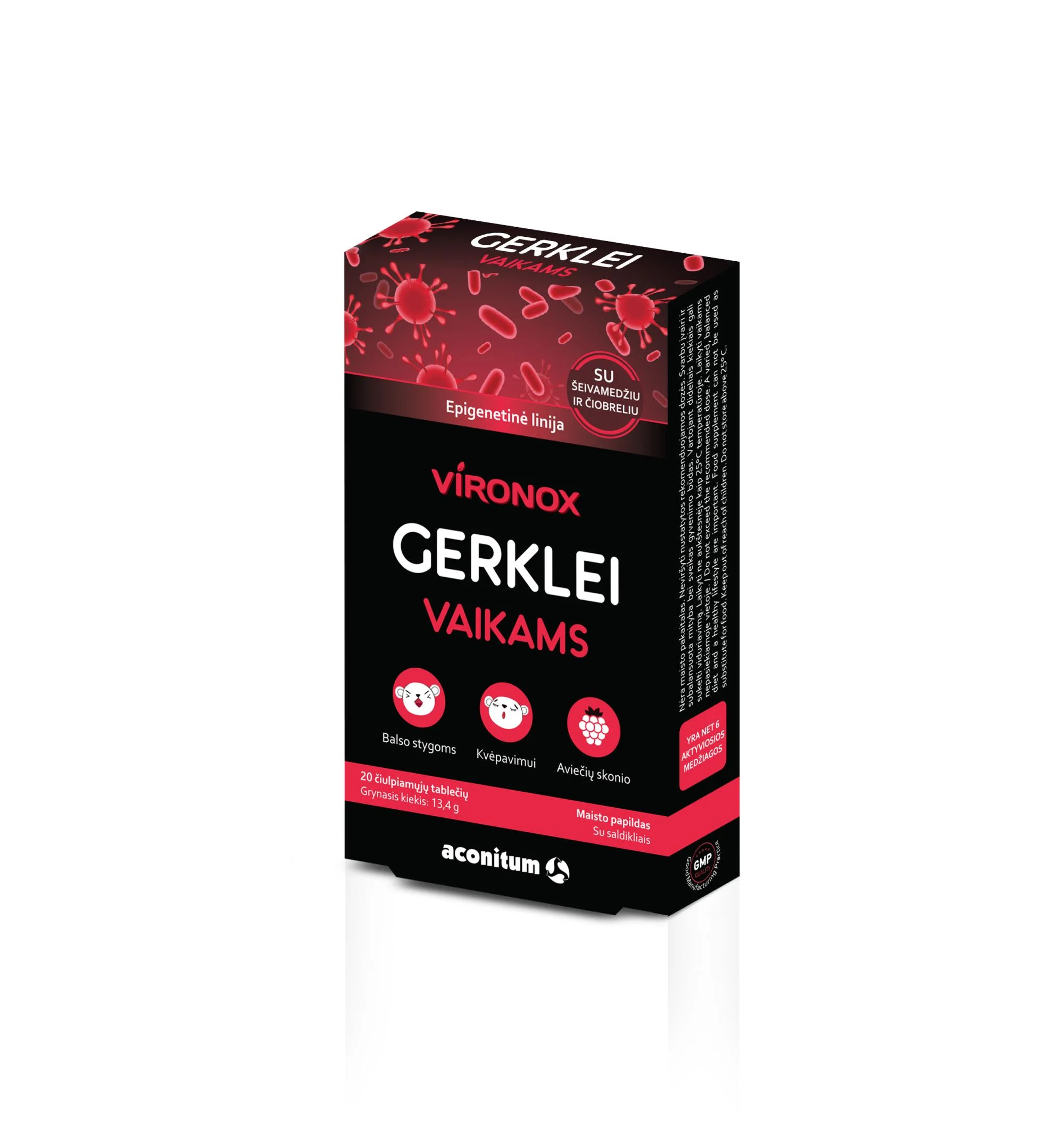 VIRONOX GERKLEI VAIKAMS Maisto papildas Su saldikliais 20 čiulpiamųjų tablečių Aviečių skonio
