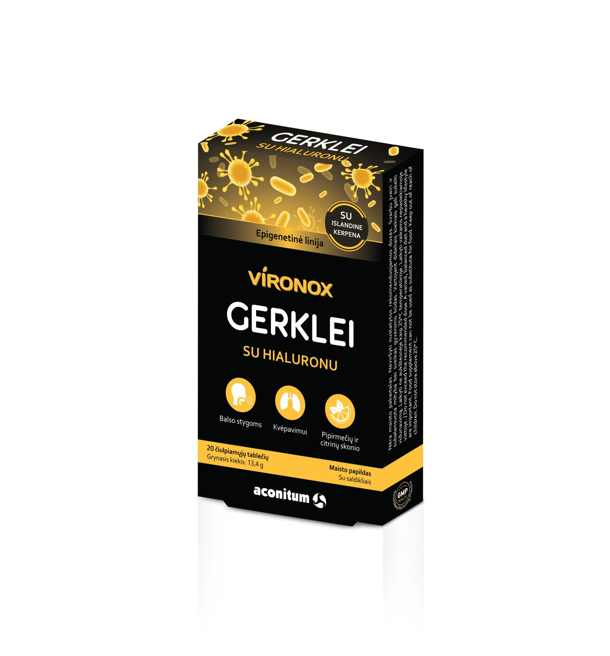 VIRONOX GERKLEI SU HIALURONU Maisto papildas Su saldikliais 20 čiulpiamųjų tablečių Pipirmėčių ir citrinų skonio