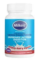 Milkaid kramtomos laktazės fermento tabletės su saldikliu, aviečių skonio, N120