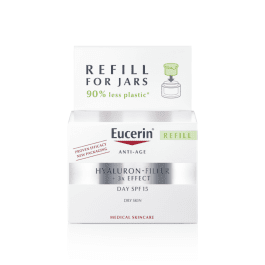 EUCERIN Hyaluron-Filler +3x Effect dieninis kremas SPF 15 sausai odai su hialurono rūgštimi, papildymo pakuotė, 50 ml