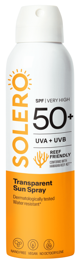 SOLERO skaidrus purškalas nuo saulės SPF 50+, 200 ml
