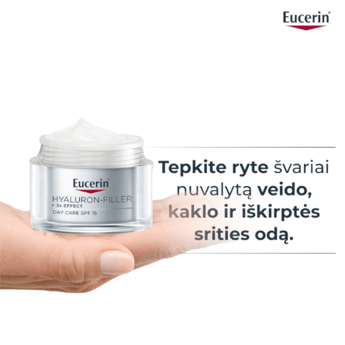 EUCERIN Hyaluron-Filler +3x Effect dieninis veido kremas SPF 15 sausai odai su hialurono rūgštimi, 50 ml