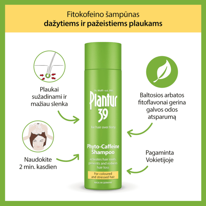 PLANTUR 39 dažytų ir pažeistų plaukų šampūnas su kofeinu nuo plaukų slinkimo 250 ml