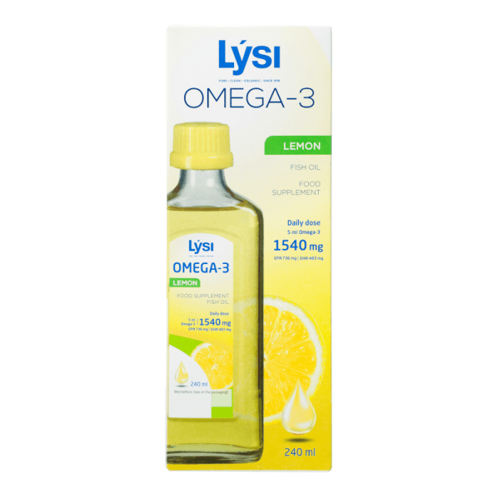 LYSI OMEGA-3 žuvų taukai citrinų skonio 240 ml