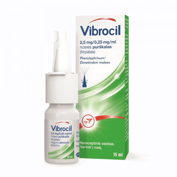 Vibrocil 2,5 mg/0,25 mg/ml nosies purškalas (tirpalas) 15 ml