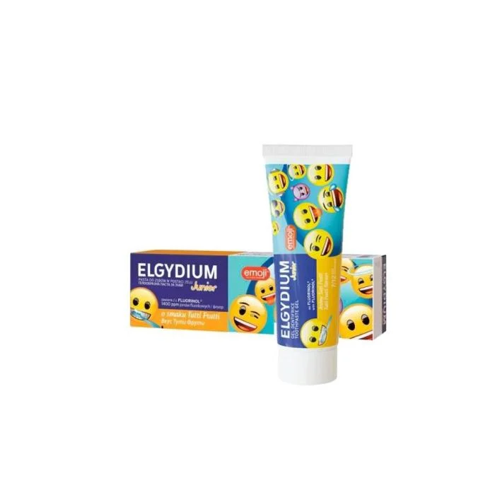 ELGYDIUM dantų pasta gelis vaikams JUNIOR Tutti-Frutti ėduonies kontrolei, Emoji, vaisių skonio, 7-12 m., 50ml