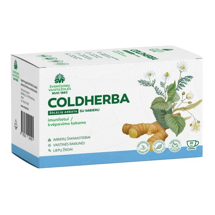 ŠVENČIONIŲ VAISTAŽOLĖS kvėpavimo takams, imunitetui COLDHERBA SU IMBIERU, žolelių arbata, 2 g x 20 vnt.