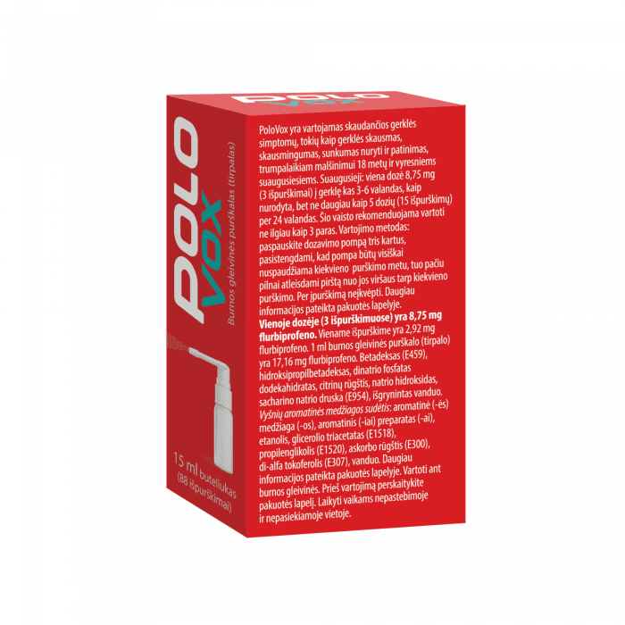 PoloVox 8,75 mg/dozėje burnos gleivinės purškalas (tirpalas) 15 ml