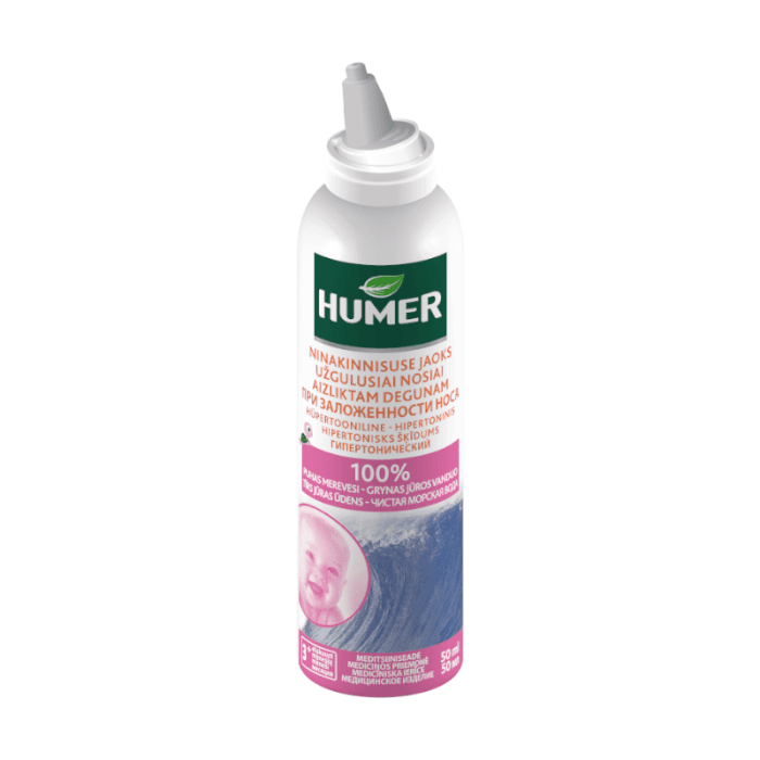 HUMER hipertoninis jūros vanduo užsikimšusiai nosiai kūdikiams ir vaikams 50 ml