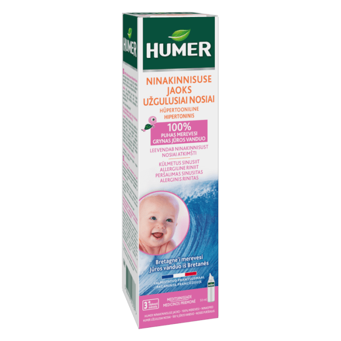 HUMER hipertoninis jūros vanduo užsikimšusiai nosiai kūdikiams ir vaikams 50 ml
