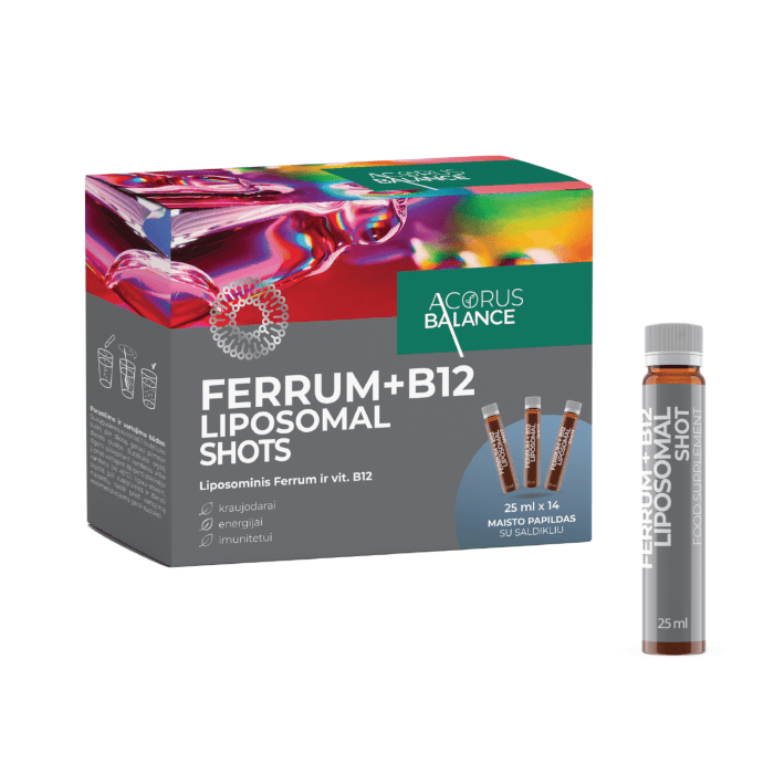 ACORUS BALANCE maisto papildas GELEŽIS + B12, liposominis, 14 vnt. x 25 ml