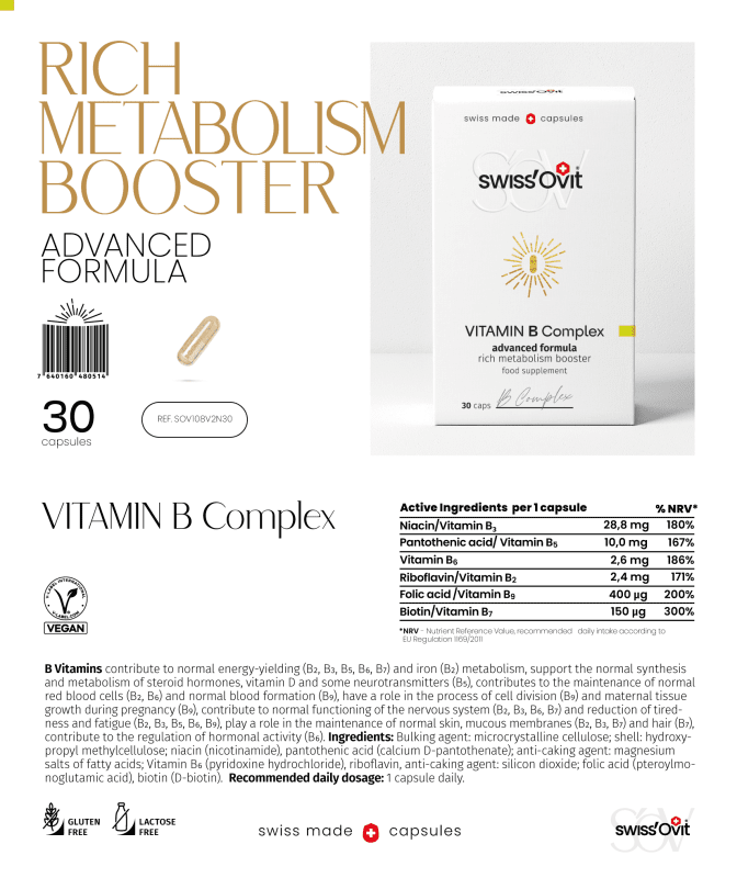 SwissOvit vitamino B kompleksas, kapsulės, N30