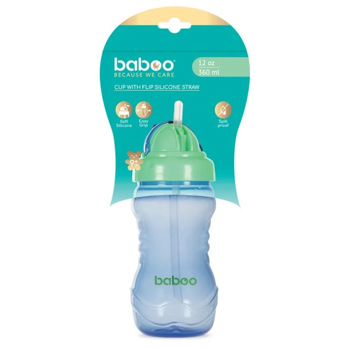 Baboo gertuvė su silikoniniu šiaudeliu, 360ml, 9+ mėn, mėlyna