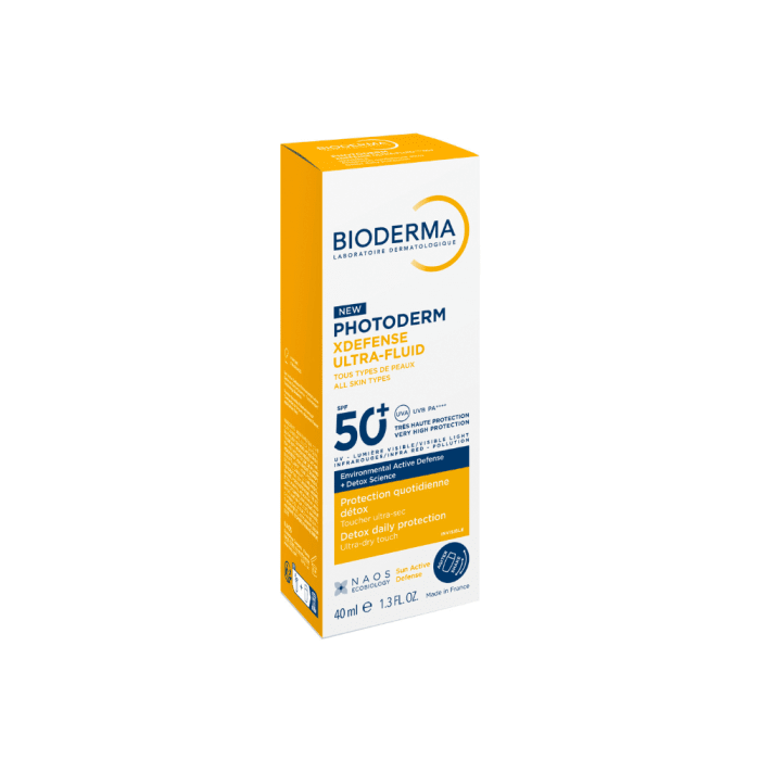 BIODERMA labai aukštos apsaugos ir itin lengvos tekstūros, detoksikuojantis fluidas nuo saulės ir taršos, PHOTODERM XDEFENSE ULTRA-FLUID SPF50+, 40 ml
