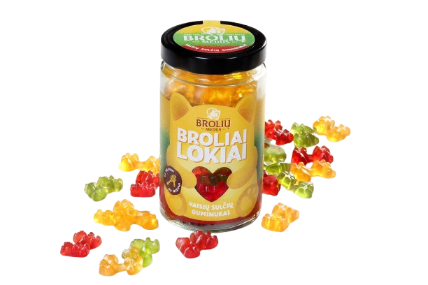 BROLIŲ MEDUS PASIFLORŲ, OBUOLIŲ IR AVIEČIŲ SKONIO GUMINUKŲ MIKSAS 500 g