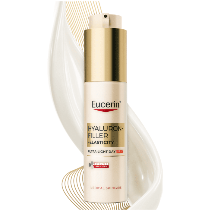 EUCERIN Hyaluron-Filler + Elasticity itin lengvos tekstūros dieninis kremas SPF 50, 50 ml