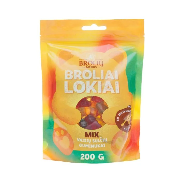 BROLIŲ MEDUS PASIFLORŲ, OBUOLIŲ IR AVIEČIŲ SKONIO GUMINUKŲ MIKSAS 200 g