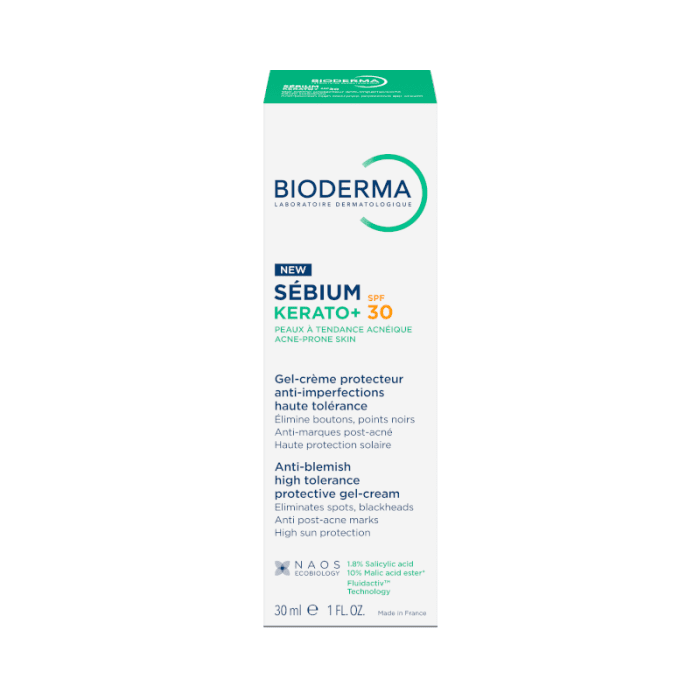 BIODERMA Sébium Kerato+ SPF30 aukštos tolerancijos gelis-kremas padedantis sumažinti spuogus, inkštirus ir po jų likusius randelius, 30 ml